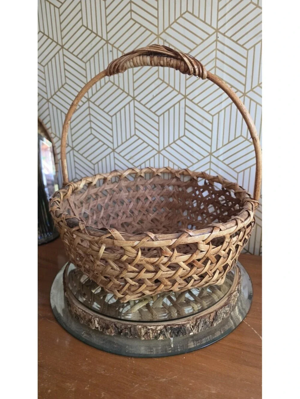 Vintage Woven Bamboo Splint and Wicker Gathering Basket Lg Arched Handle 15